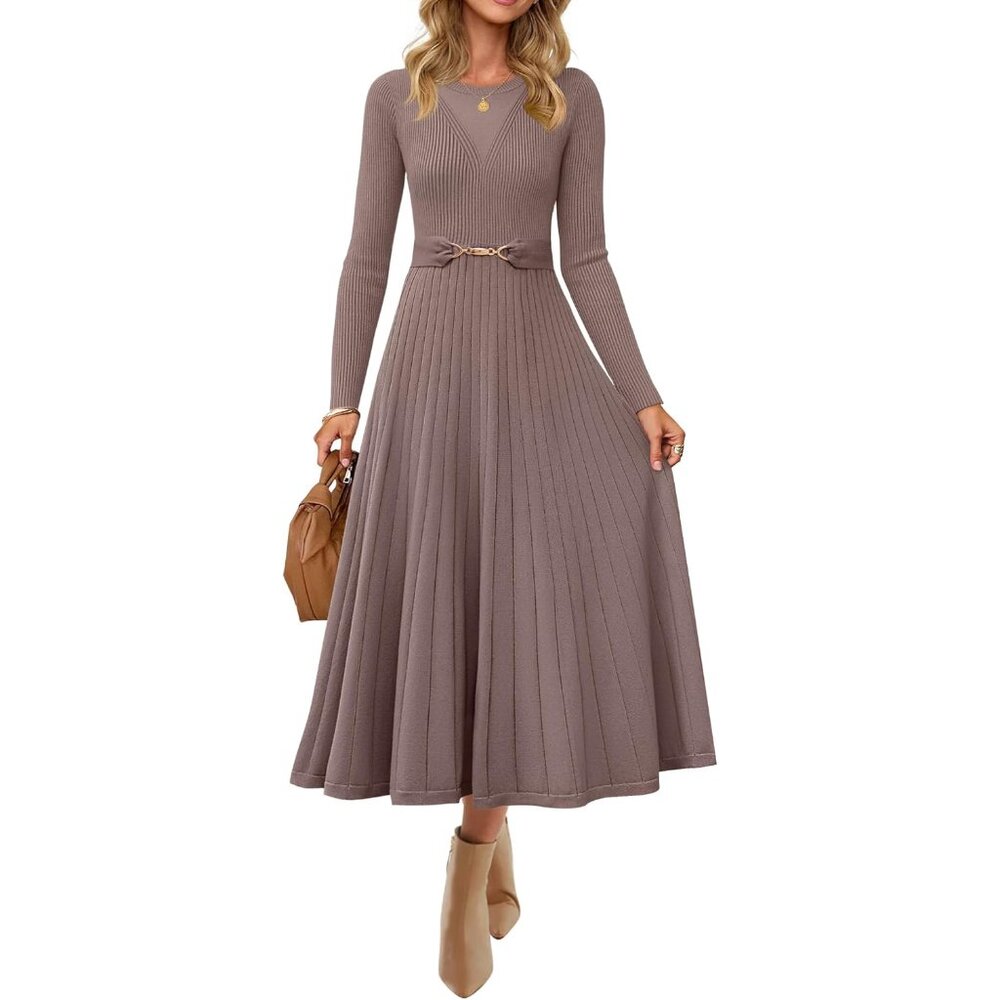 Women's Khaki Long Sleeve Midi Sweater Dress - Elegant Fall Knit On Sale